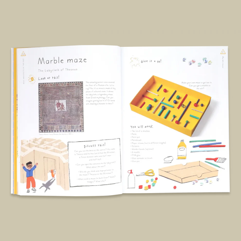 An open children's activity book spread titled 'Marble maze' on a warm beige background. The pages show instructions, a marble maze illustration, and suggested materials such as paint, glue, scissors, and a tray.