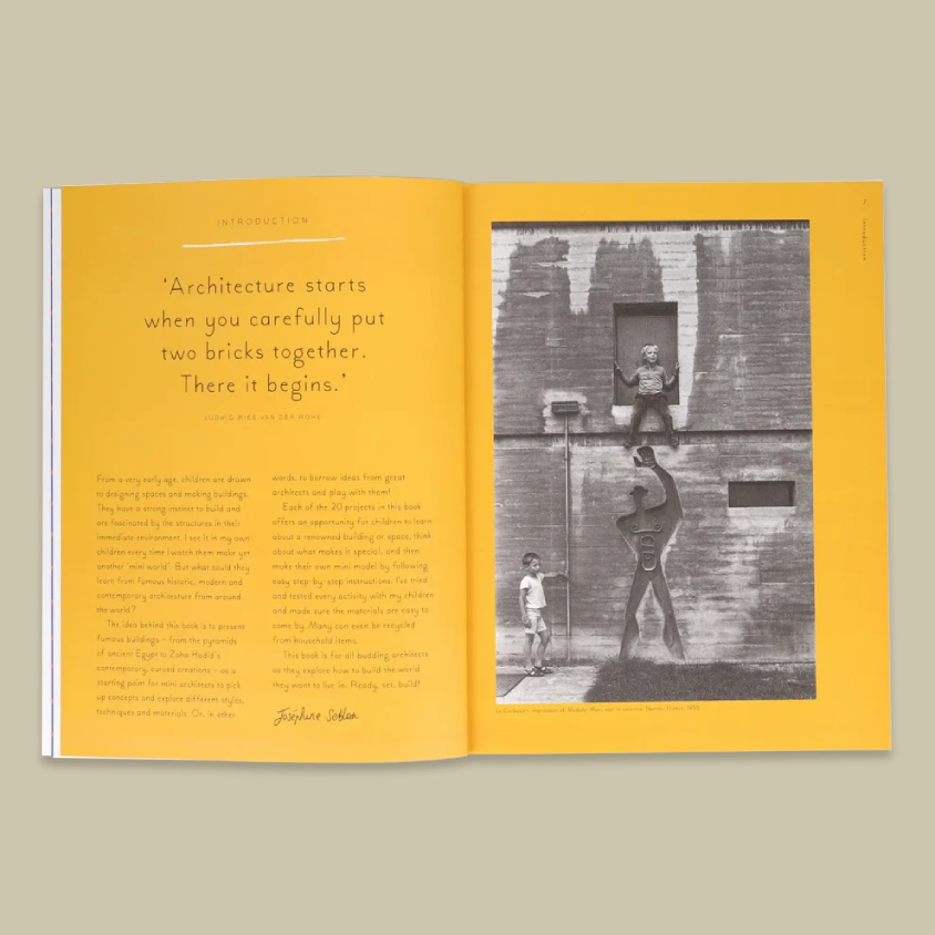 An open book spread with a bright yellow page, featuring a quote on the left and a black-and-white architectural photograph on the right, set against a solid beige background.