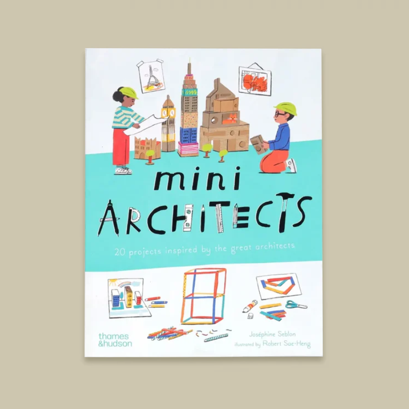 The front cover of the book 'mini ARCHITECTS' by Josephine Sullivan and Robert Sear-Hang, published by Thames & Hudson. The cover features a white background with a large light blue central band, decorated with colorful illustrations of children building structures and small architectural drawings.