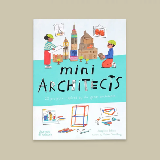 The front cover of the book 'mini ARCHITECTS' by Josephine Sullivan and Robert Sear-Hang, published by Thames & Hudson. The cover features a white background with a large light blue central band, decorated with colorful illustrations of children building structures and small architectural drawings.