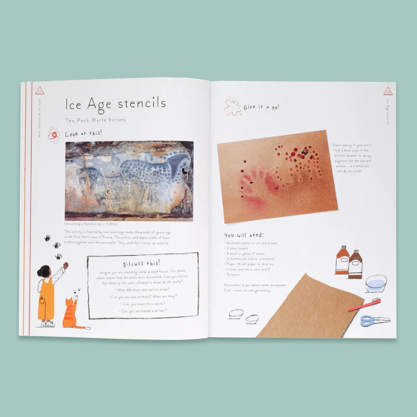 An open book laid flat on a pale blue-green background, showing two printed pages with text, small illustrations, and a sample artwork. The visible heading on the left page reads 'Ice Age stencils,' and the right page includes headings like 'Give it a go!' and 'You will need:'.
