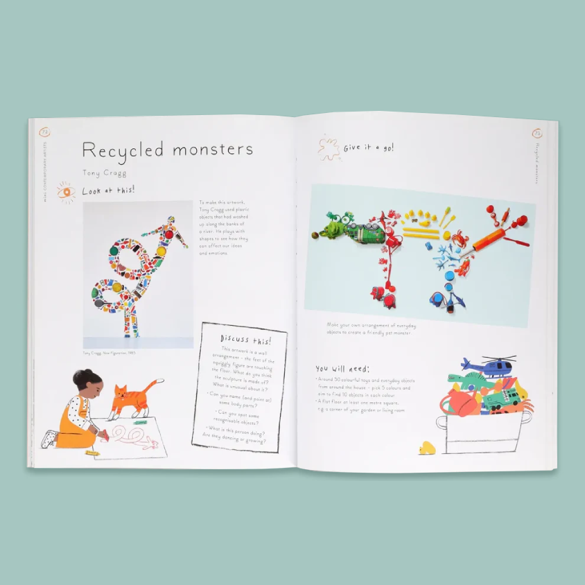 An open children's activity book spread titled 'Recycled monsters' on a solid light teal background. The pages show colorful recycled craft projects, instructions, and illustrations, including a monster made from bottle caps and a box of colorful recycled materials.