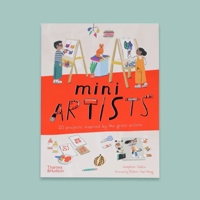 The front cover of the children's book 'mini ARTISTS' by Thames & Hudson, featuring a vibrant orange and white design with colorful illustrations of children painting and art supplies, set against a solid light teal background.