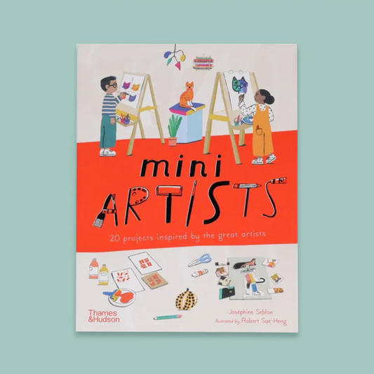 The front cover of the children's book 'mini ARTISTS' by Thames & Hudson, featuring a vibrant orange and white design with colorful illustrations of children painting and art supplies, set against a solid light teal background.