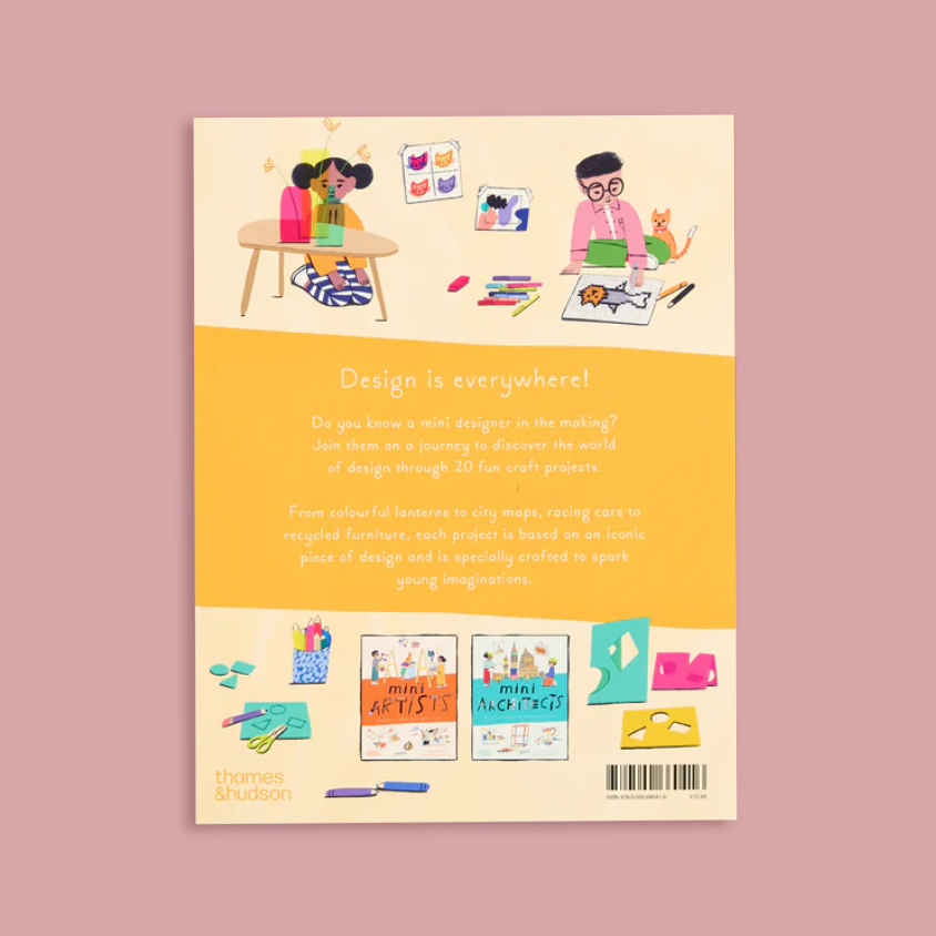 The back cover of a children's book titled 'Design is everywhere!' by Thomas Hudson, displayed against a solid dusty pink background. The cover features a warm cream and yellow color scheme with colorful cartoon illustrations of children creating, plus three mini project boxes at the bottom.