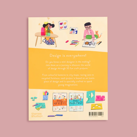 The back cover of a children's book titled 'Design is everywhere!' by Thomas Hudson, displayed against a solid dusty pink background. The cover features a warm cream and yellow color scheme with colorful cartoon illustrations of children creating, plus three mini project boxes at the bottom.