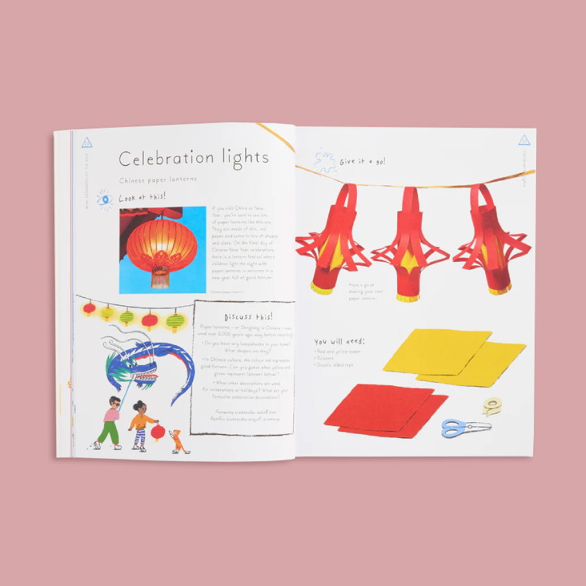 An open children's activity book spread titled 'Celebration lights' showing illustrated instructions, paper lanterns, and craft materials on a dusty pink background.