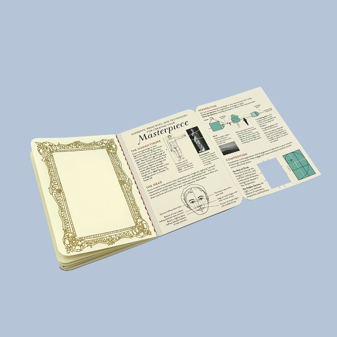 Open book with illustrations and text on a light blue background