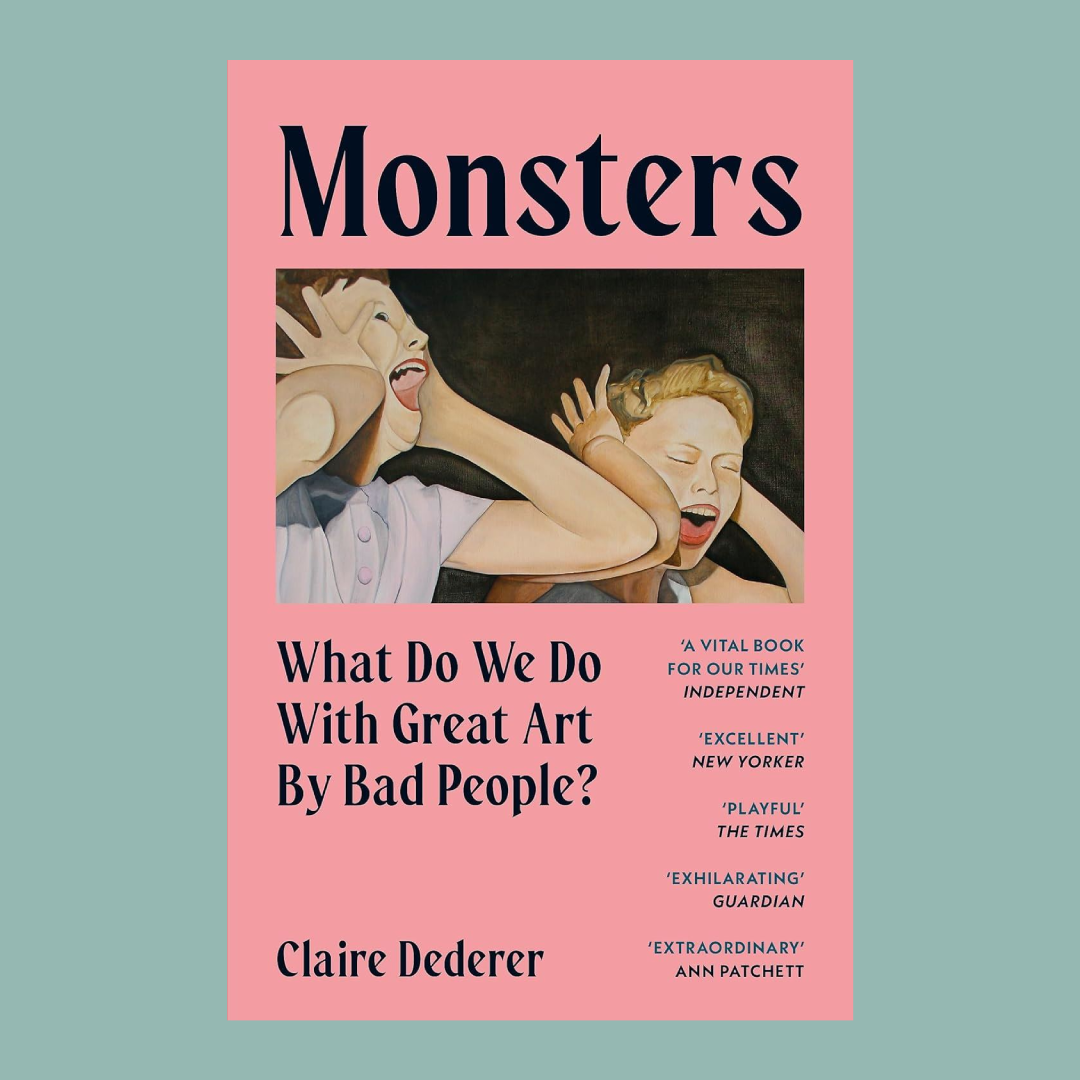 Book cover of 'Monsters' by Claire Dederer with a pink background and artwork of two people covering their ears and screaming. 