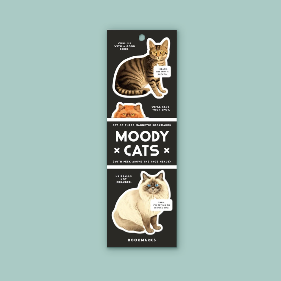 A tall black card featuring cat illustration magnets and the text 'MOODY CATS' on a pale blue background.