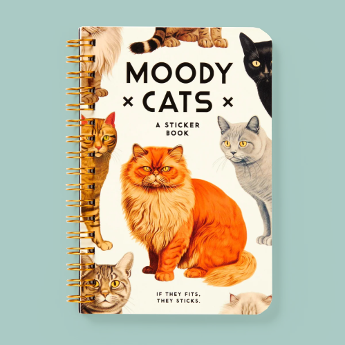 A spiral-bound sticker book titled 'MOODY CATS' featuring illustrated cats around the cover, photographed on a light blue background.