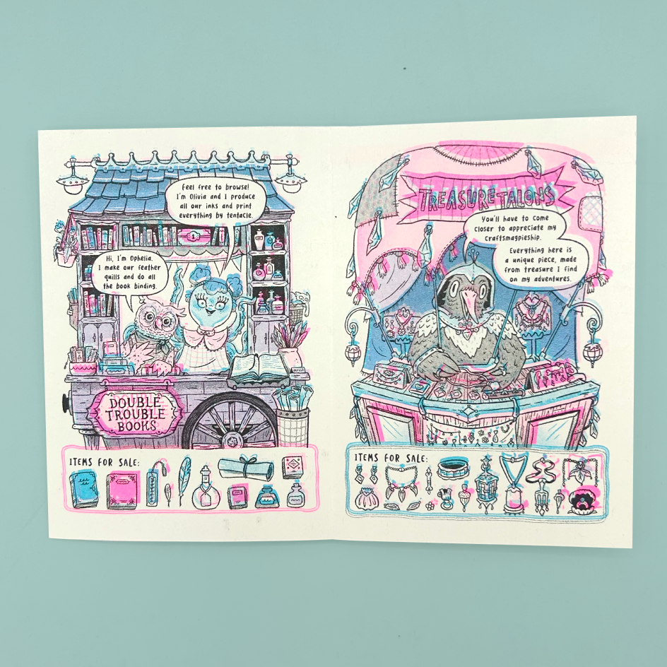 A spread from the zine featuring whimsical fantasy shop scenes in pastel pink, blue, and black ink on white paper, displayed against a solid light blue background.