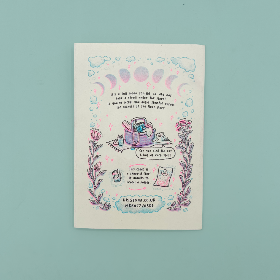 The back cover of a zine featuring whimsical pastel illustrations and text, photographed against a solid light blue background. 