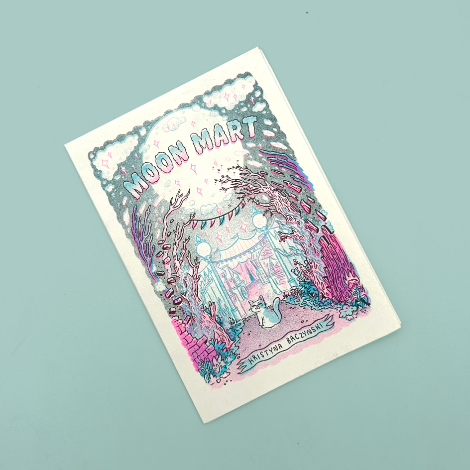 A front cover of a zine featuring a whimsical hand-drawn illustration of a moonlit market scene with the text 'MOON MART', shown on a light blue background.