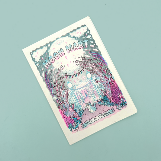 A front cover of a zine featuring a whimsical hand-drawn illustration of a moonlit market scene with the text 'MOON MART', shown on a light blue background.