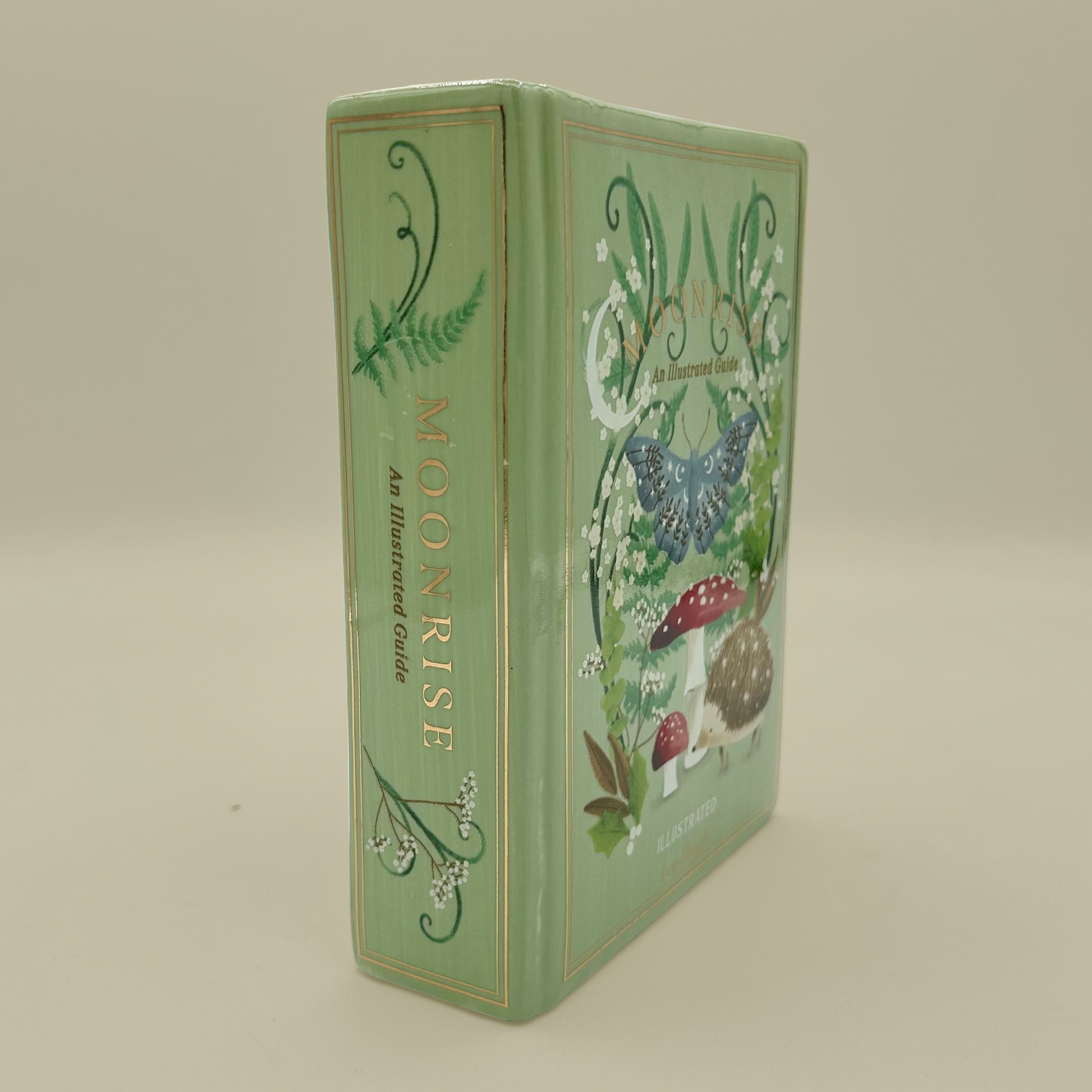 Decorative green book shaped vase with illustrations on a beige background