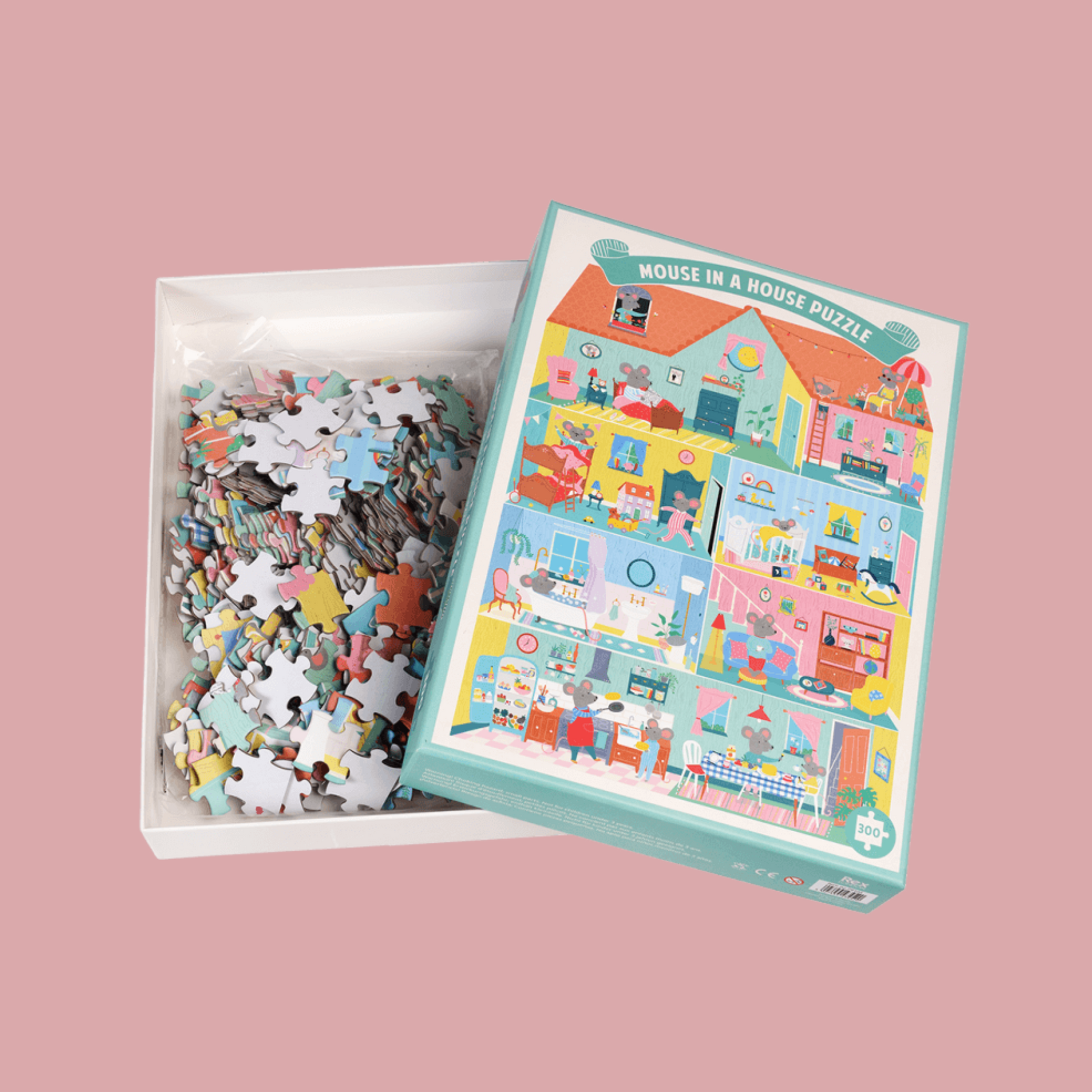 Puzzle with pieces and packaging on a pink background