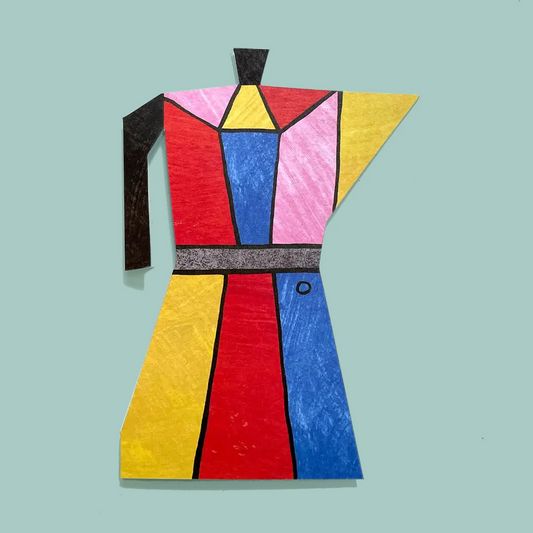 Colourful moka pot card on a teal background.