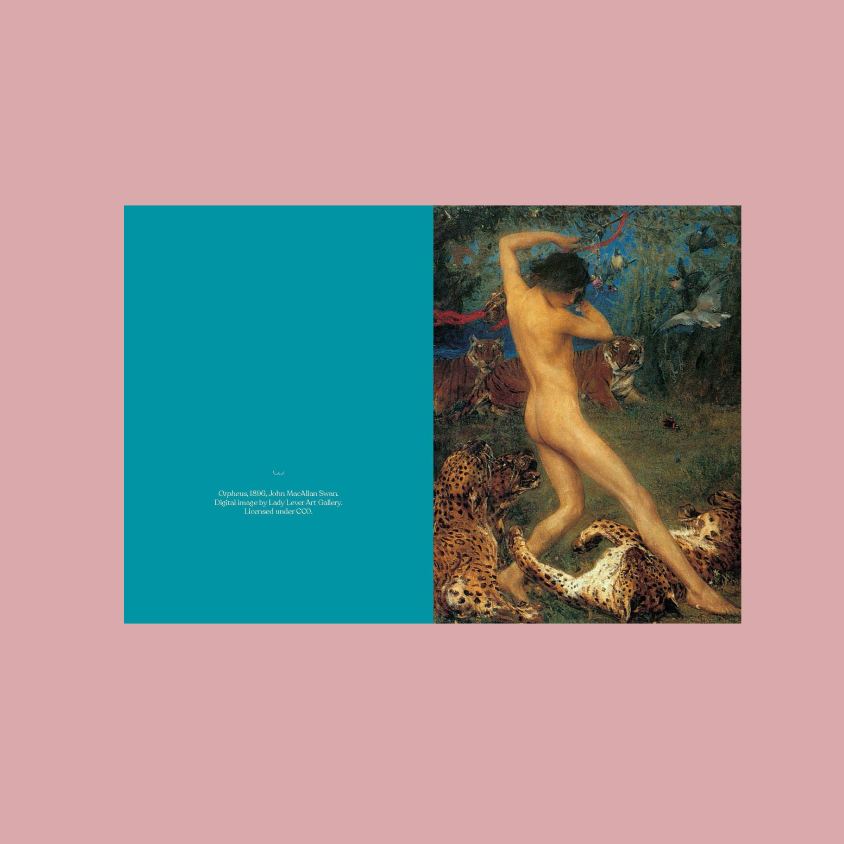 A  notecard shown against a dusty pink background. The left half is a solid turquoise panel with small white text, and the right half shows a classical painting of a nude woman stepping onto jaguars in a dark jungle scene.