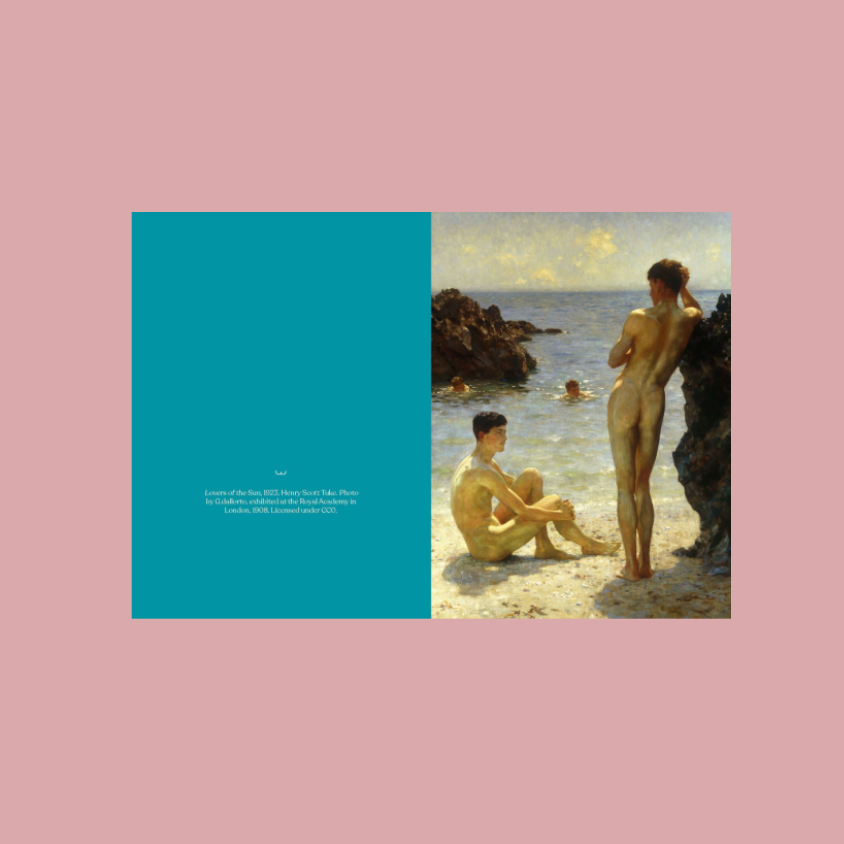 A notecard shown against a solid pink background. The print is split into two sections: the left side is a solid teal-blue block with small white text, and the right side shows a classical painting of two nude figures on a beach with the sea and rocks behind them.