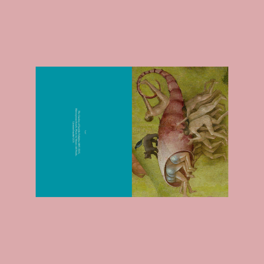 A notecard shown against a solid pink background. The artwork is split into two halves: the left side is a solid teal-blue block with small white vertical text, and the right side shows a vintage-style illustration of a pinkish creature with pale figures on a yellow-green ground.