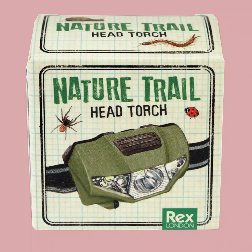 A box of Nature Trail Head Torch by Rex London, featuring an illustration of an olive green head torch on a light grid background with nature-themed graphics.