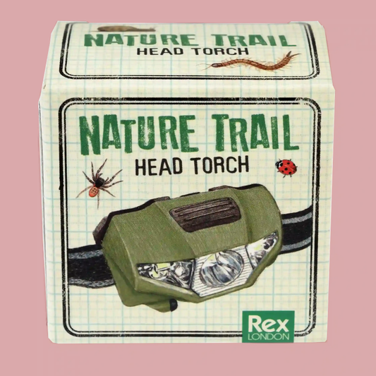 A box of Nature Trail Head Torch by Rex London, featuring an illustration of an olive green head torch on a light grid background with nature-themed graphics.