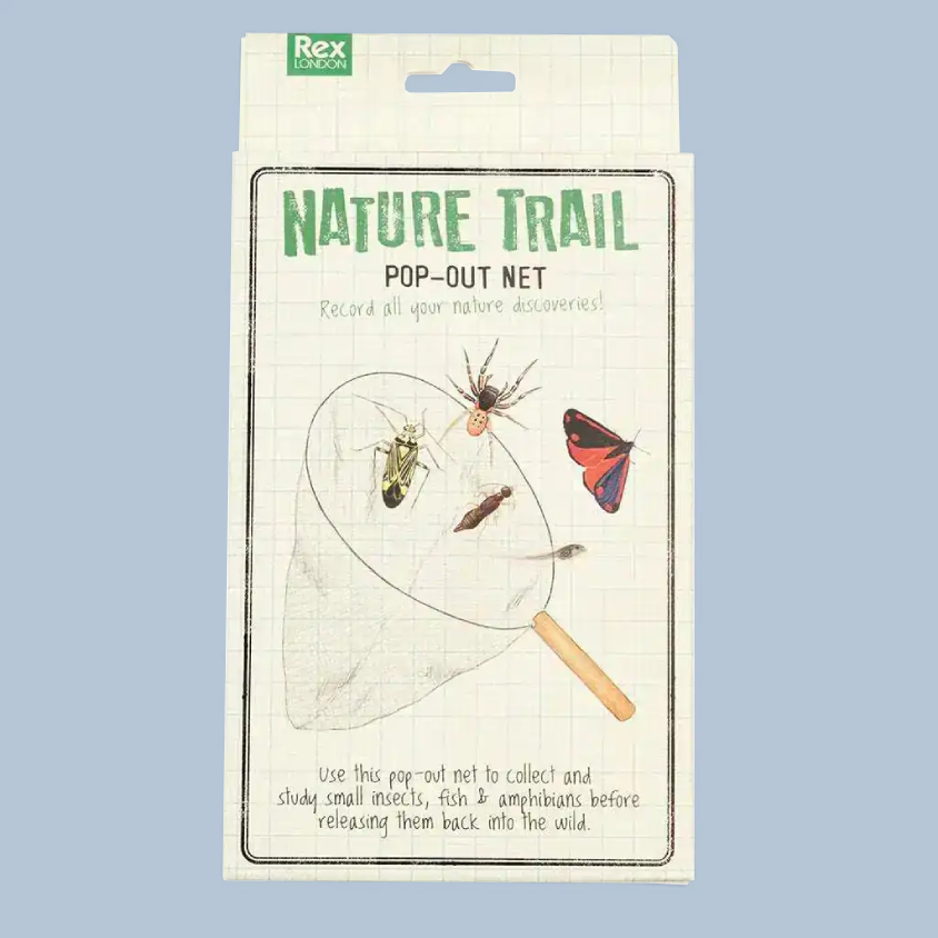 Rex Design Nature Trail Pop-Out Net toy in its original packaging, featuring a white grid-patterned card with illustrations of insects and a butterfly, set against a solid light blue background.