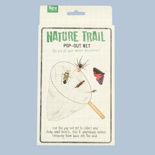 Rex Design Nature Trail Pop-Out Net toy in its original packaging, featuring a white grid-patterned card with illustrations of insects and a butterfly, set against a solid light blue background.