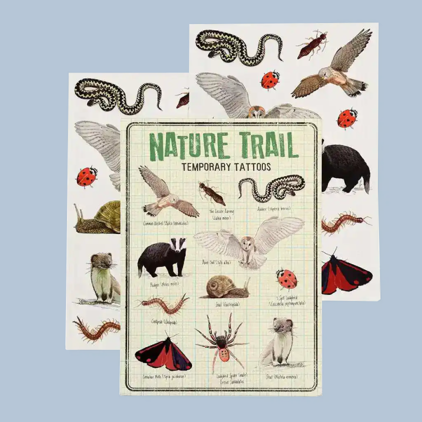 Three sheets of Nature Trail Temporary Tattoos featuring various illustrated nature motifs like snakes, birds, ladybugs, and insects on a light blue background.