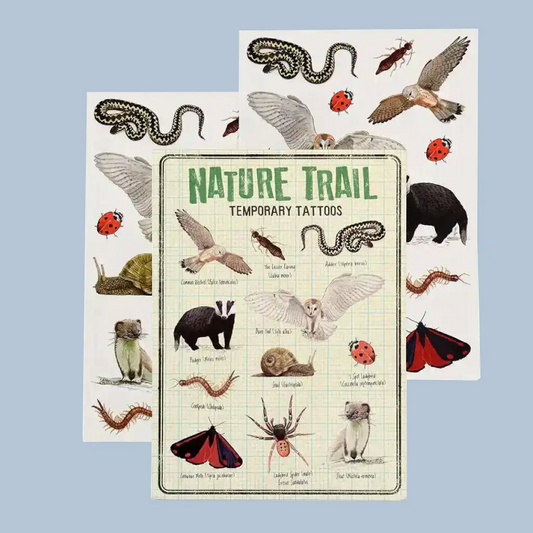 Three sheets of Nature Trail Temporary Tattoos featuring various illustrated nature motifs like snakes, birds, ladybugs, and insects on a light blue background.