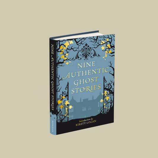Book titled 'Nine Authentic Ghost Stories' with decorative cover on a beige background