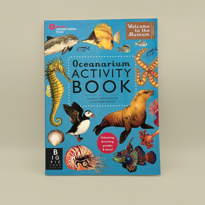 Oceanarium Activity Book, featuring a bright blue cover illustrated with various sea creatures like a seahorse, lionfish, octopus, and sea lion, set against a neutral beige background.