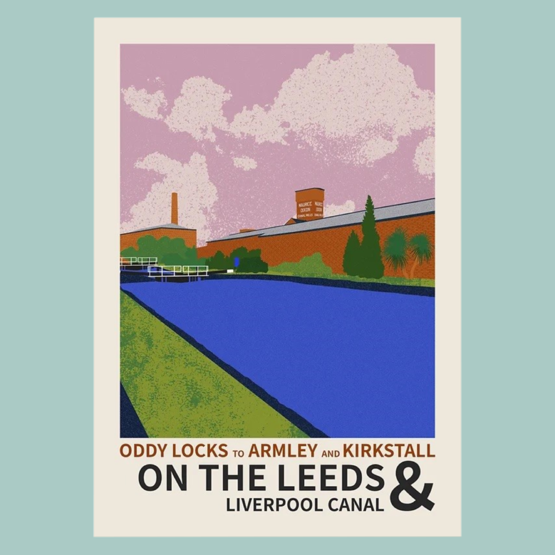 Vintage-style poster of a canal scene with text on a light blue background