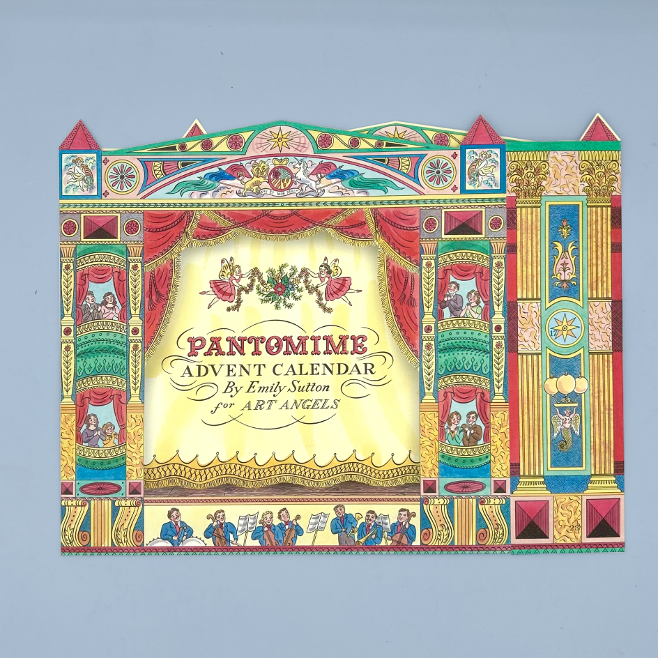 Pantomime Advent Calendar by Emily Sutton for Art Angels, featuring a highly detailed, colorful theatrical stage illustration on a light blue background.