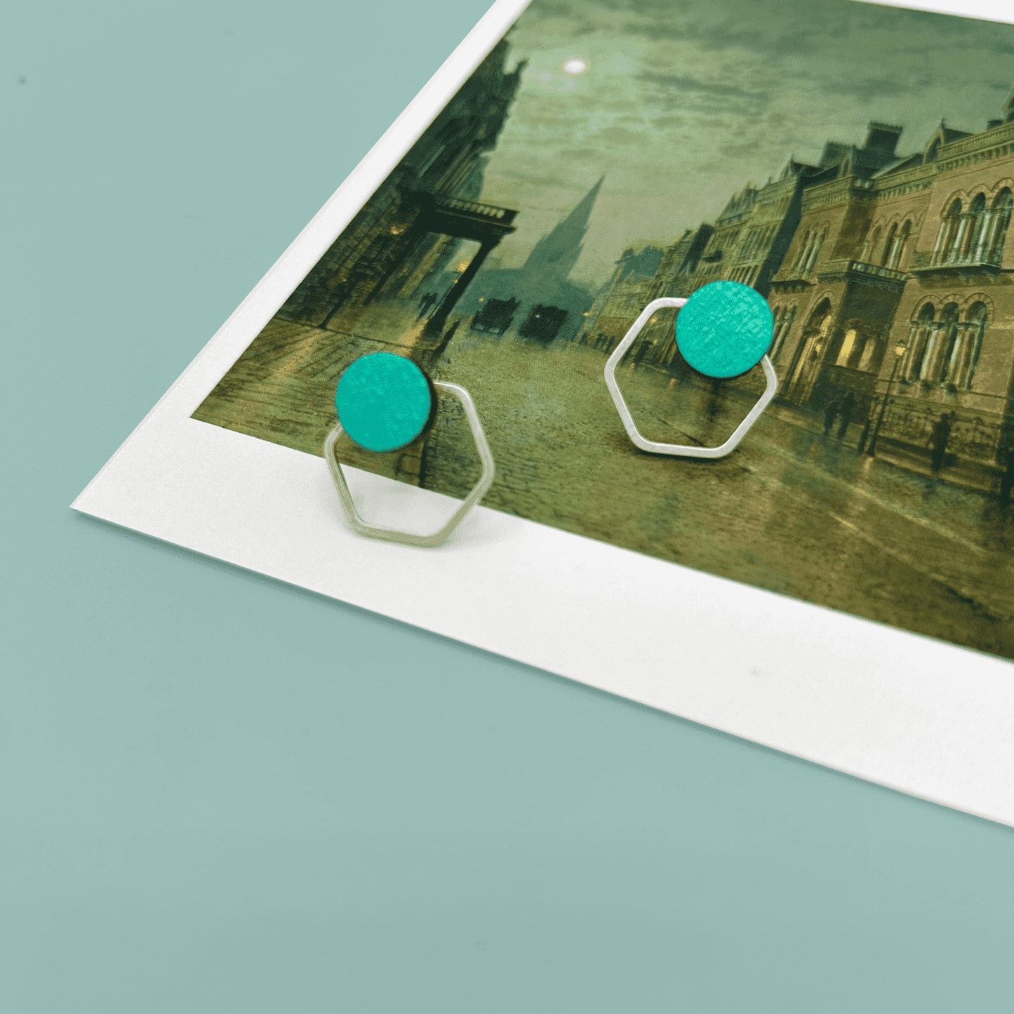 Hexa Stud Earrings - Aqua Sparkle and Silver