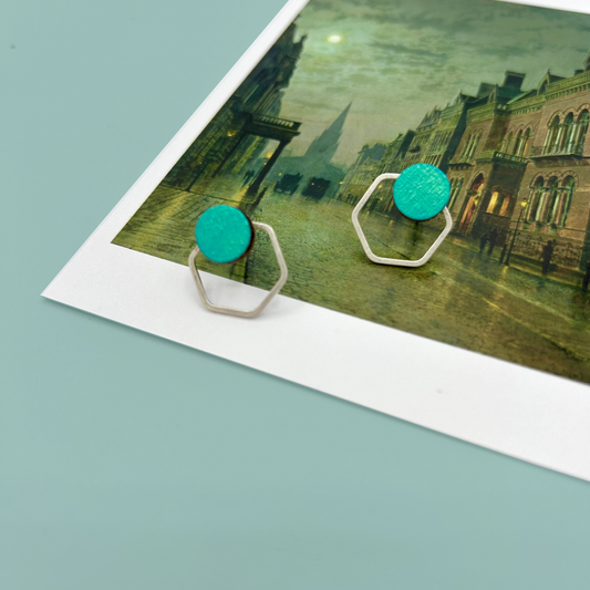 Hexa Stud Earrings - Aqua Sparkle and Silver