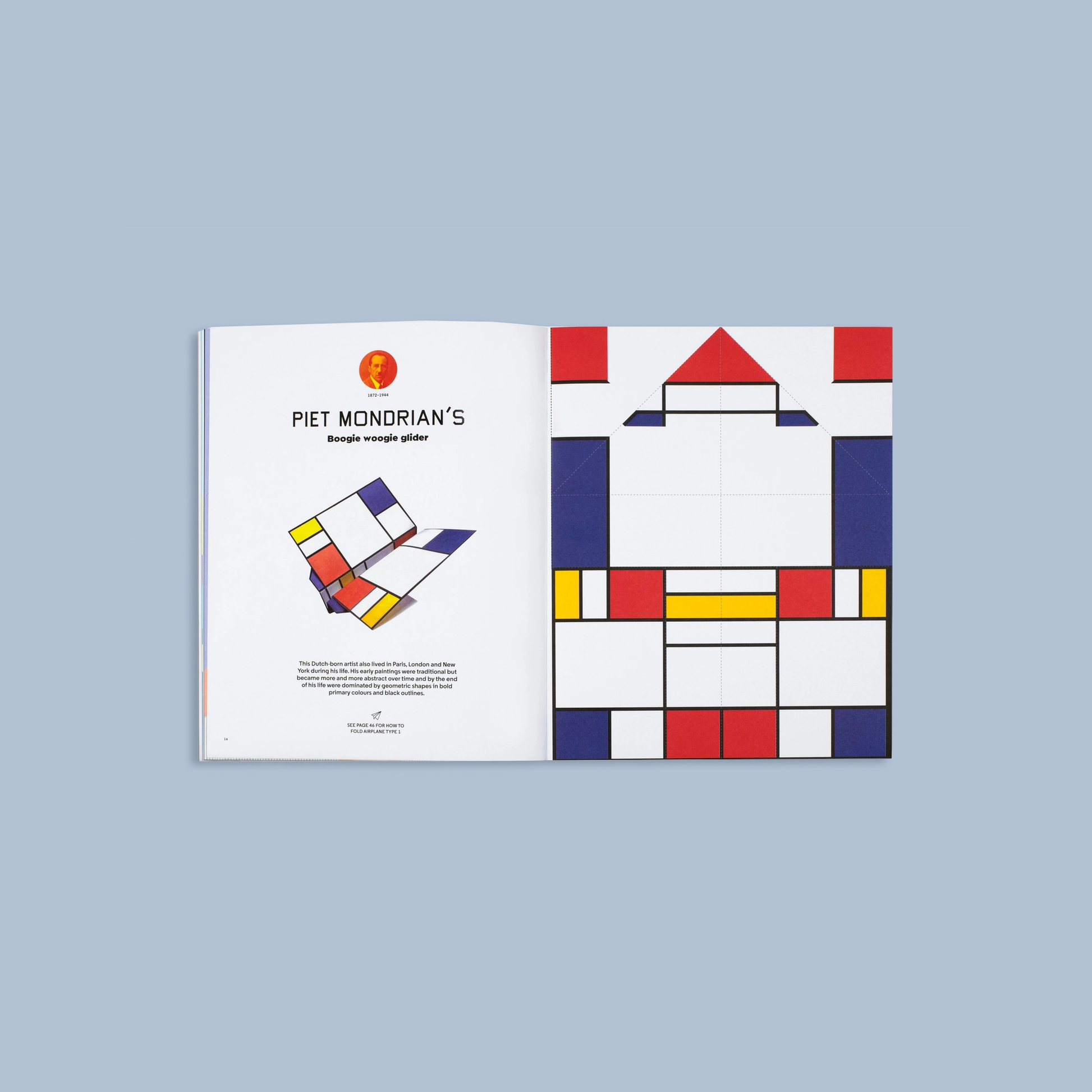 Open book with a page featuring Piet Mondrian's artwork on a light blue background