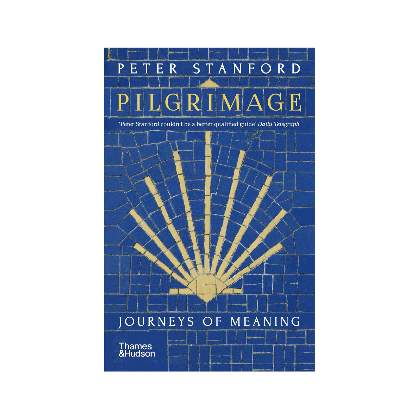 Pilgrimage book cover that is blue and yellow on a white background