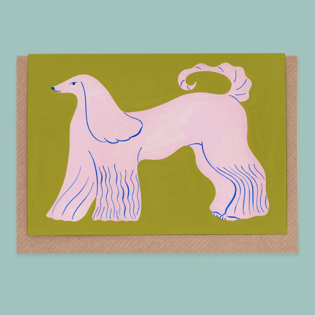 Card with a stylized illustration of a pink dog on a green background
