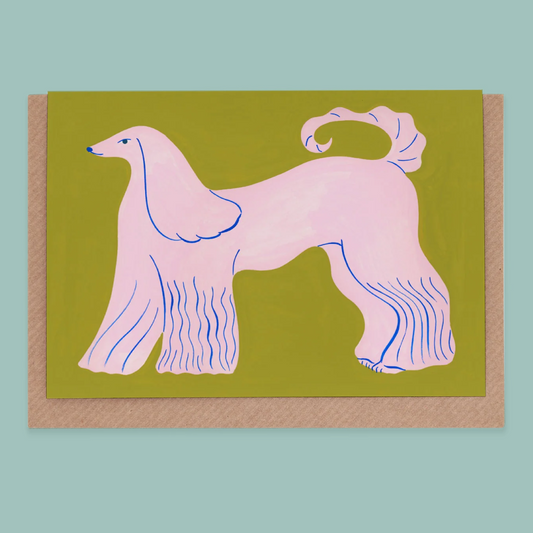 Card with a stylized illustration of a pink dog on a green background