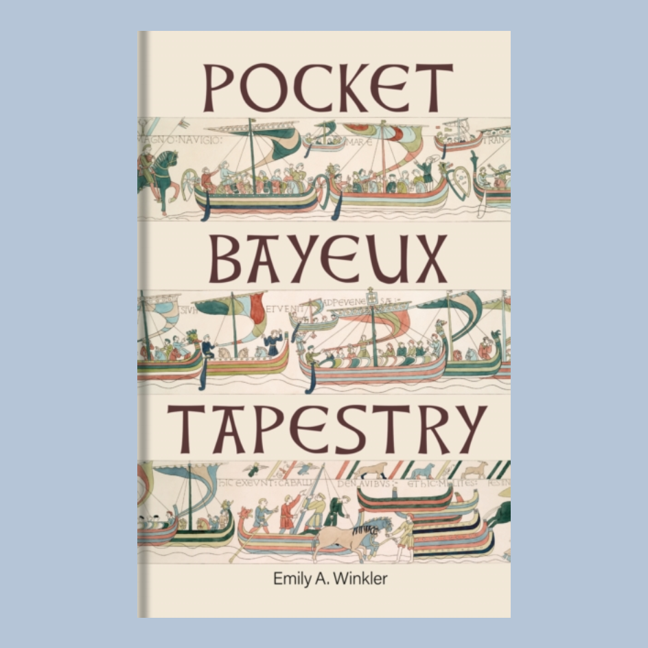 A book cover for 'Pocket Bayeux Tapestry' by Emily A. Winkler, featuring a cream background with medieval-style tapestry illustrations of Viking ships and bold dark brown lettering, shown against a light blue-gray background.