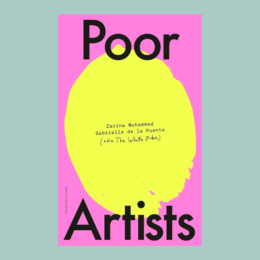 Book cover of 'Poor Artists' with a yellow circle and black text on a pink background. The book is on a light blue background