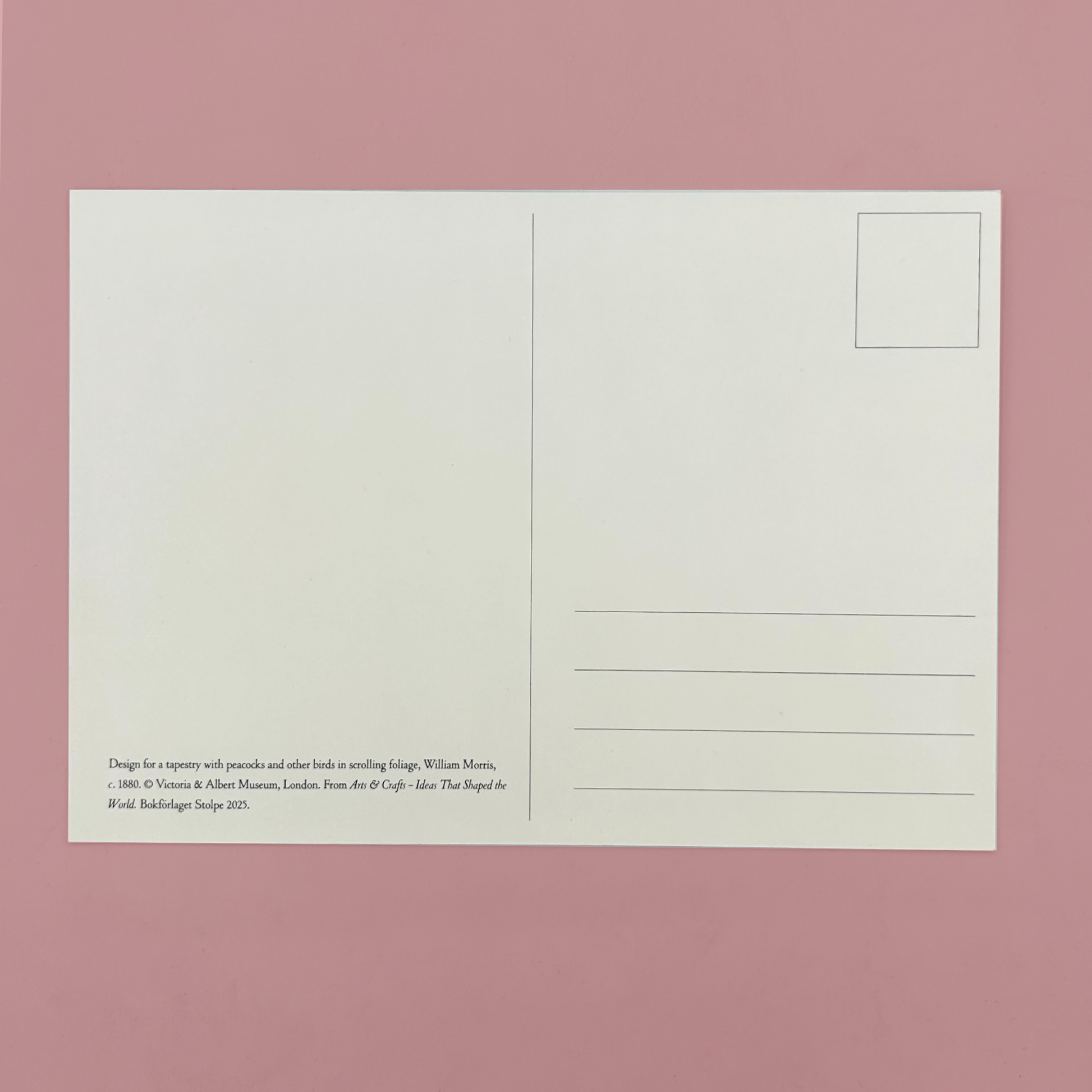 White postcard with text on a pink background