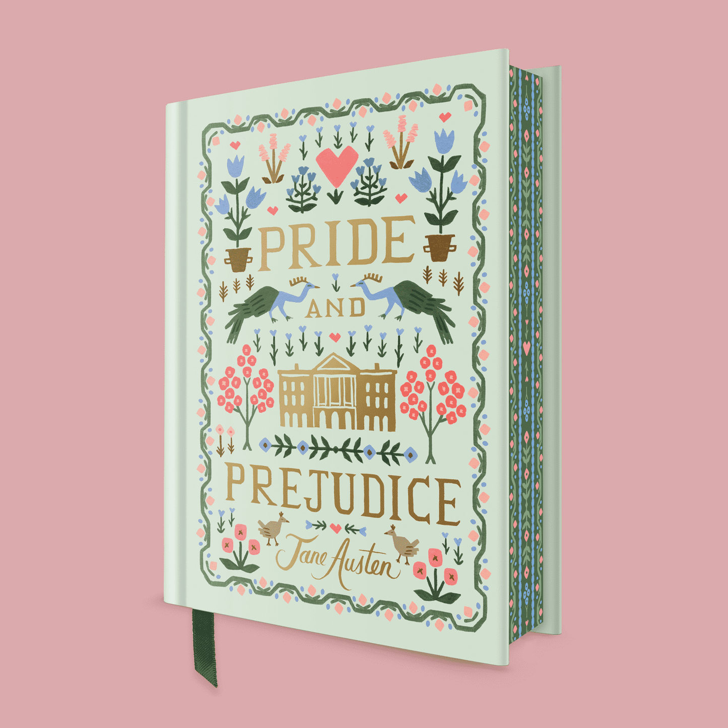 Book cover of 'Pride and Prejudice' by Jane Austen with decorative elements, a ribbon bookmarks, and sprayed edges on a pink