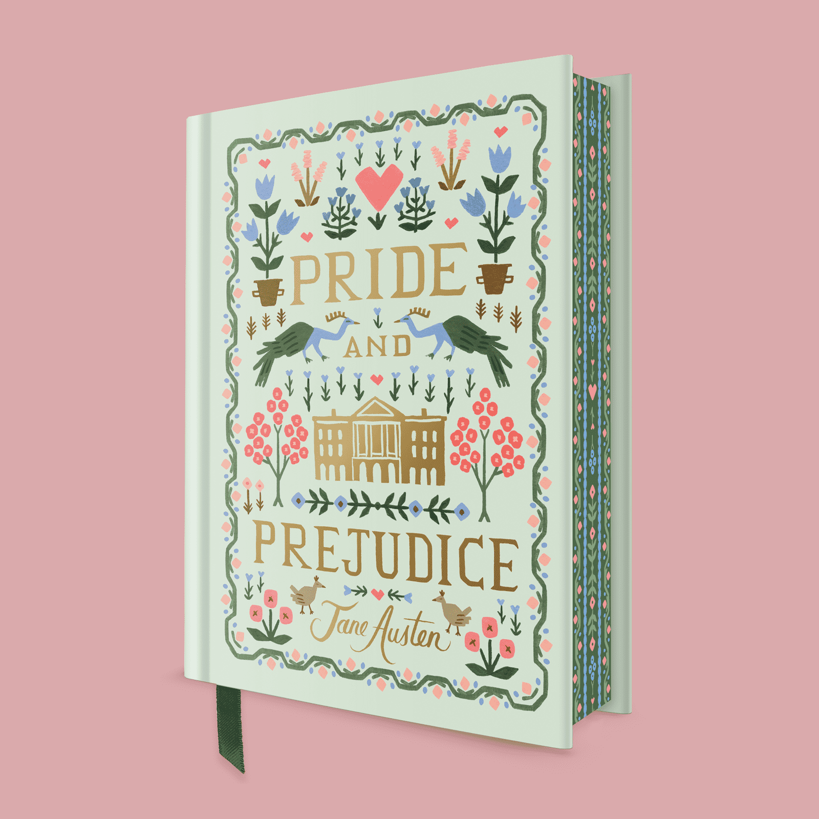 Book cover of 'Pride and Prejudice' by Jane Austen with decorative elements, a ribbon bookmarks, and sprayed edges on a pink