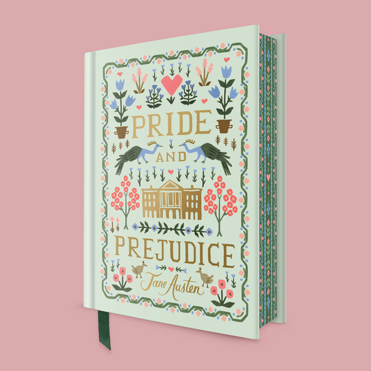 Book cover of 'Pride and Prejudice' by Jane Austen with decorative elements, a ribbon bookmarks, and sprayed edges on a pink background.