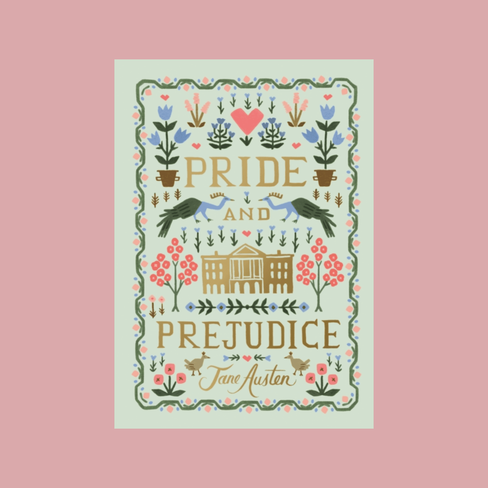 Book cover of 'Pride and Prejudice' by Jane Austen with decorative elements on a pink background