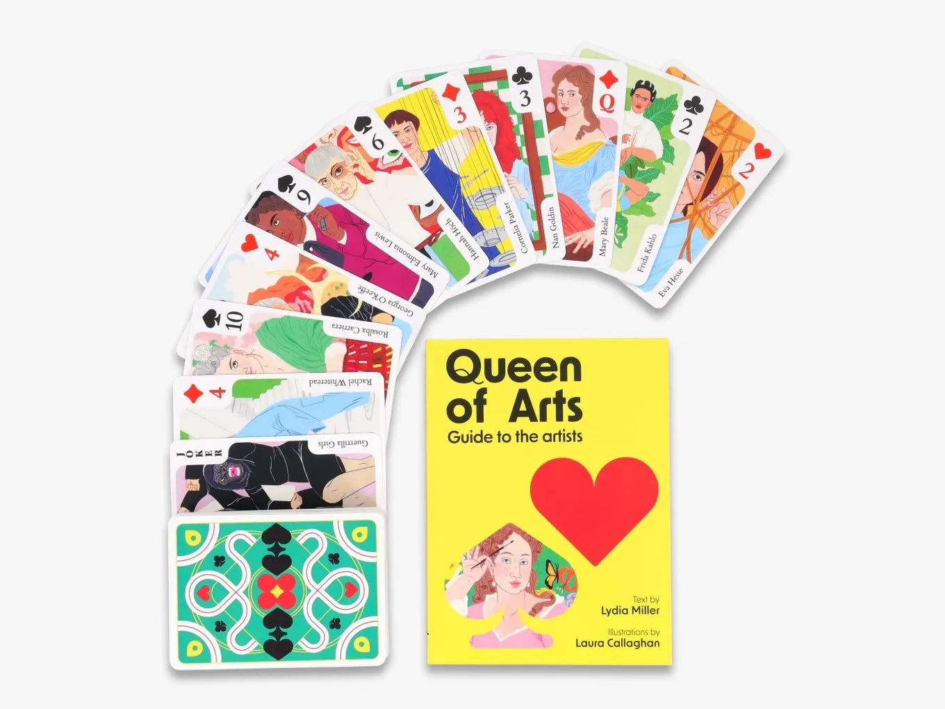 Illustrated playing cards and guide book, on a white background.