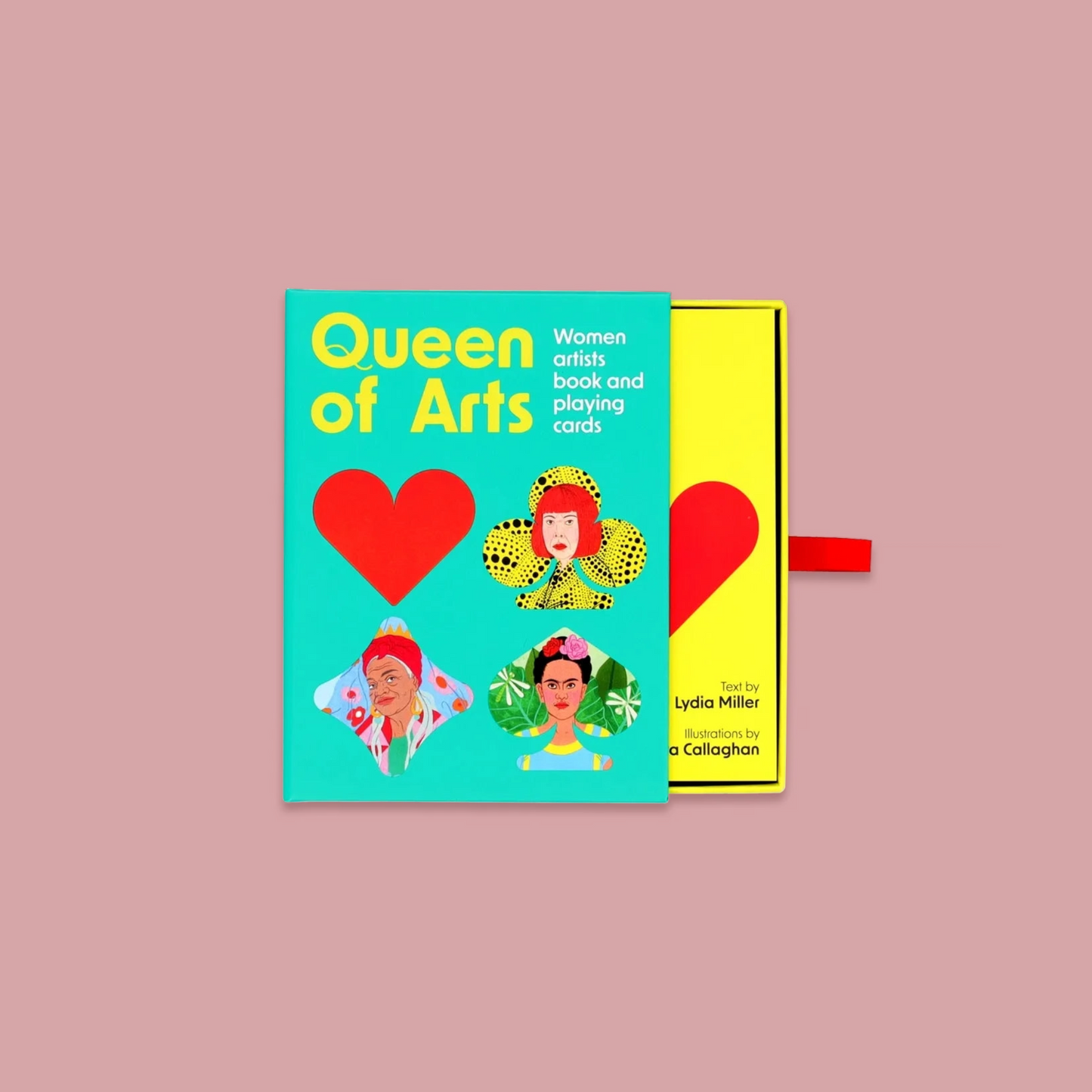 Book and playing cards set titled 'Queen of Arts' on a pink background